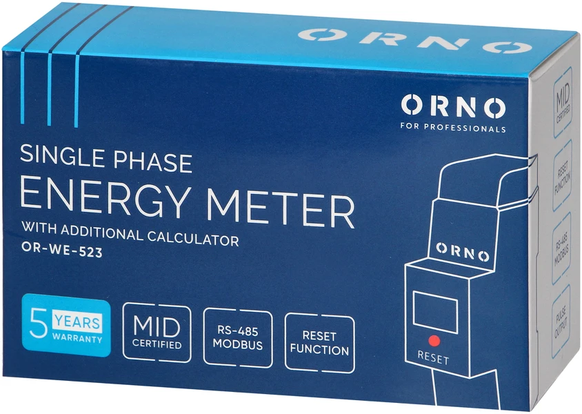 Orno 1 Fazowy Vienfazis elektros energijos skaitiklis, 80A, MID, RS485, papildomas indikatorius, impulsų išėjimas, RESET mygtukas, 2 moduliai, DIN TH-35mm