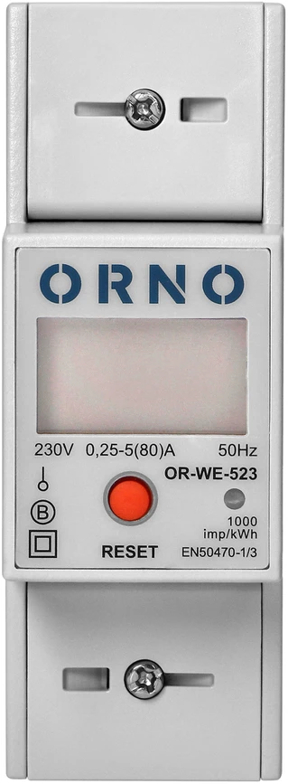 Orno 1 Fazowy Vienfazis elektros energijos skaitiklis, 80A, MID, RS485, papildomas indikatorius, impulsų išėjimas, RESET mygtukas, 2 moduliai, DIN TH-35mm