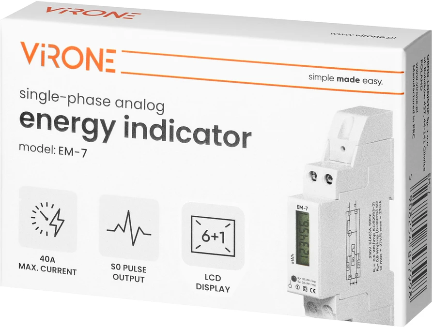 Orno 1 Fazowy Vienfazis skaitmeninis elektros energijos suvartojimo indikatorius, 40A, 1 modulis, DIN TH-35mm