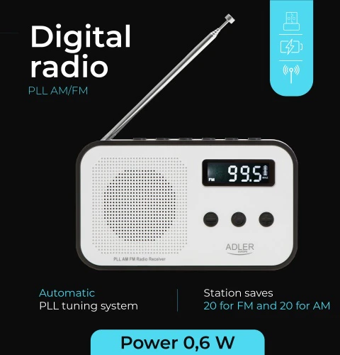 Adler | Digital radio PLL AM/FM | AD 1907 | Alarm function | Baltas/Juodas