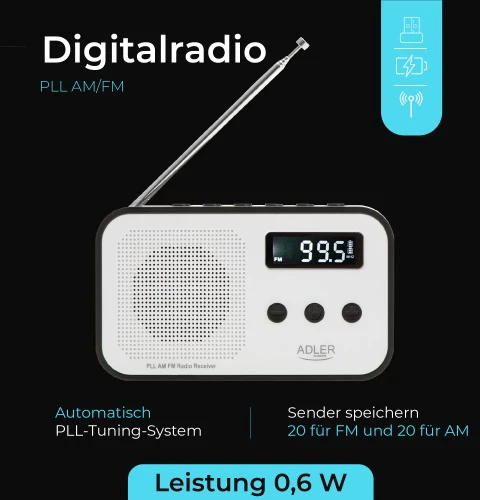 Adler | Digital radio PLL AM/FM | AD 1907 | Alarm function | Baltas/Juodas