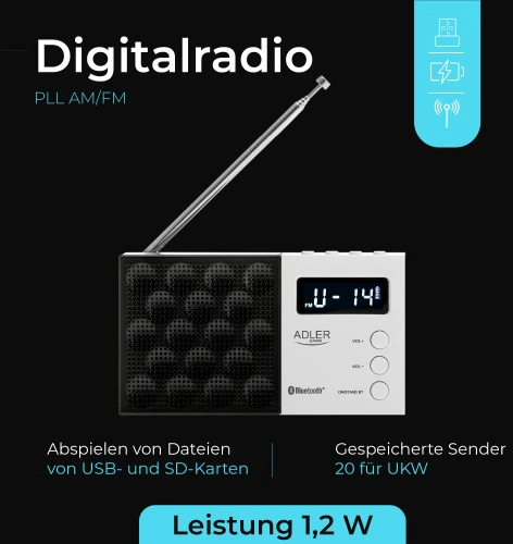 Adler | Digital Radio - PLL AM/FM | AD 1908 | Alarm function | Baltas/Juodas