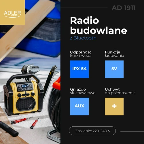 Adler | Construction radio with Bluetooth | AD 1911 | AUX in | Juodas/Geltona