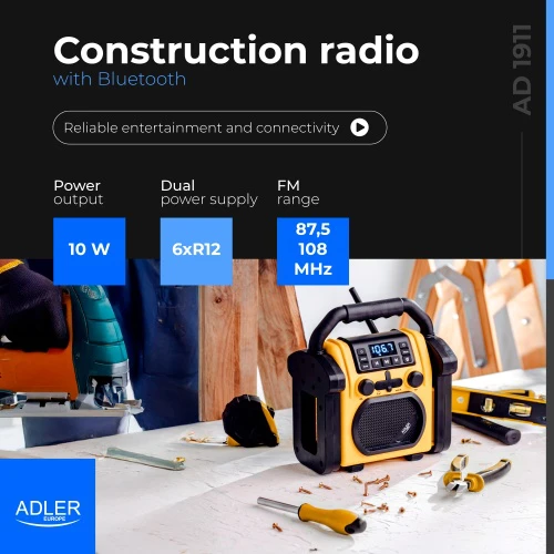 Adler | Construction radio with Bluetooth | AD 1911 | AUX in | Juodas/Geltona