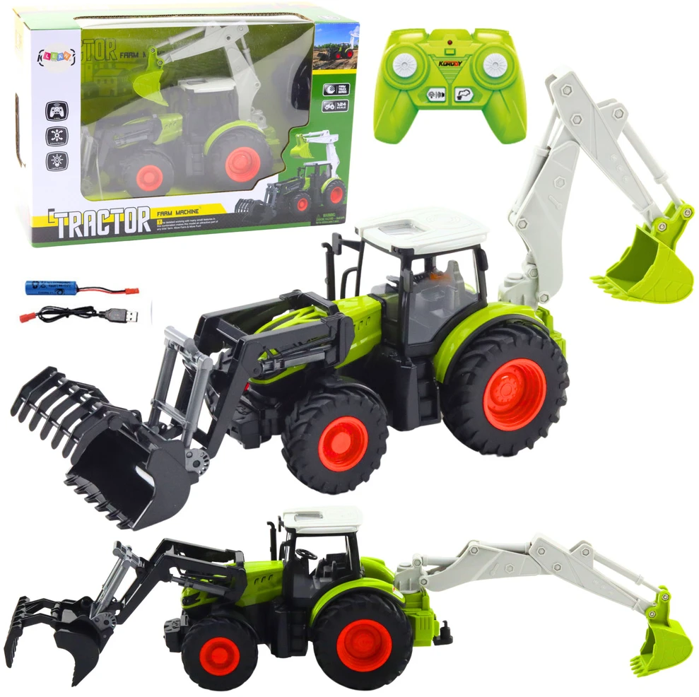Lean Toys Nuotoliniu būdu valdomas traktorius su kaušu ir ekskavatoriumi 2in1