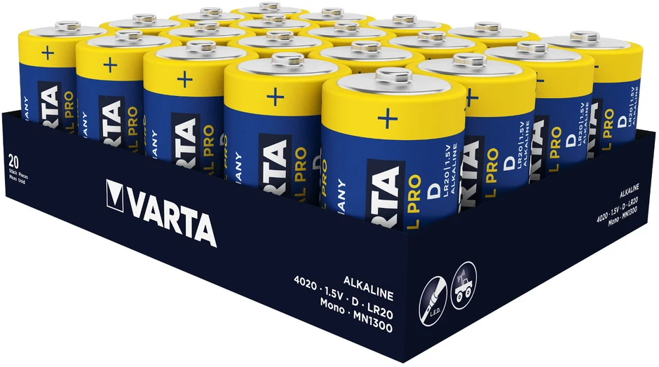 20x Varta Pramoninės šarminės R-20 LR20 D baterijos