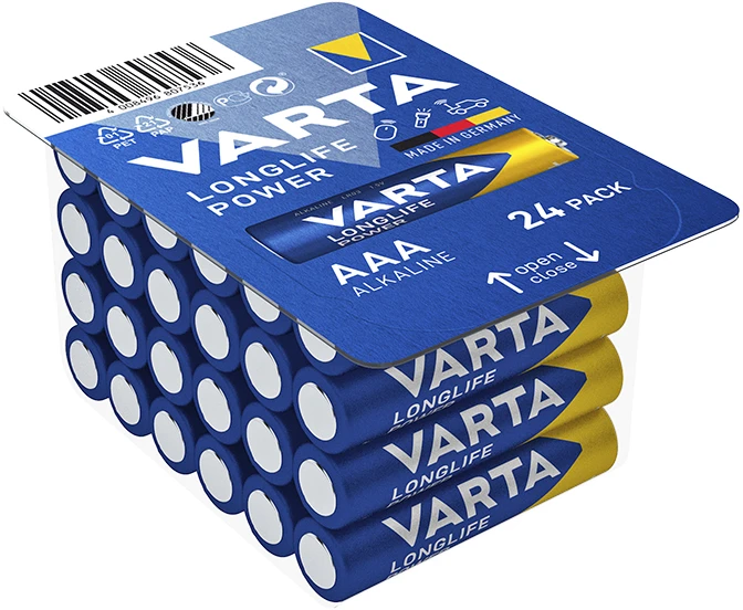 24x LR03 AAA 1,5 V šarminės „Varta Longlife Power“ baterijos, pakuotė be plastiko