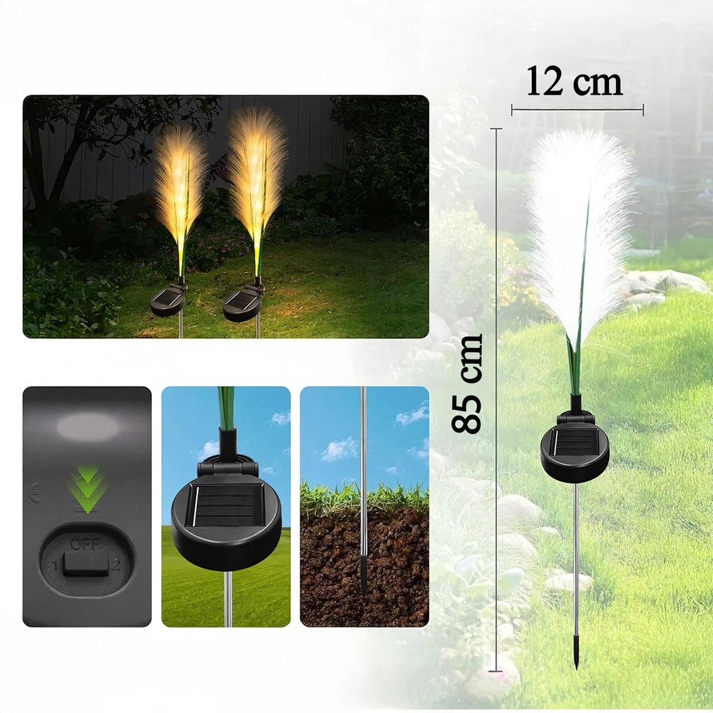 2x 2 saulės energija varomi sodo šviestuvai, pampų žolė, dekoratyvinė LED panelė, 85 cm