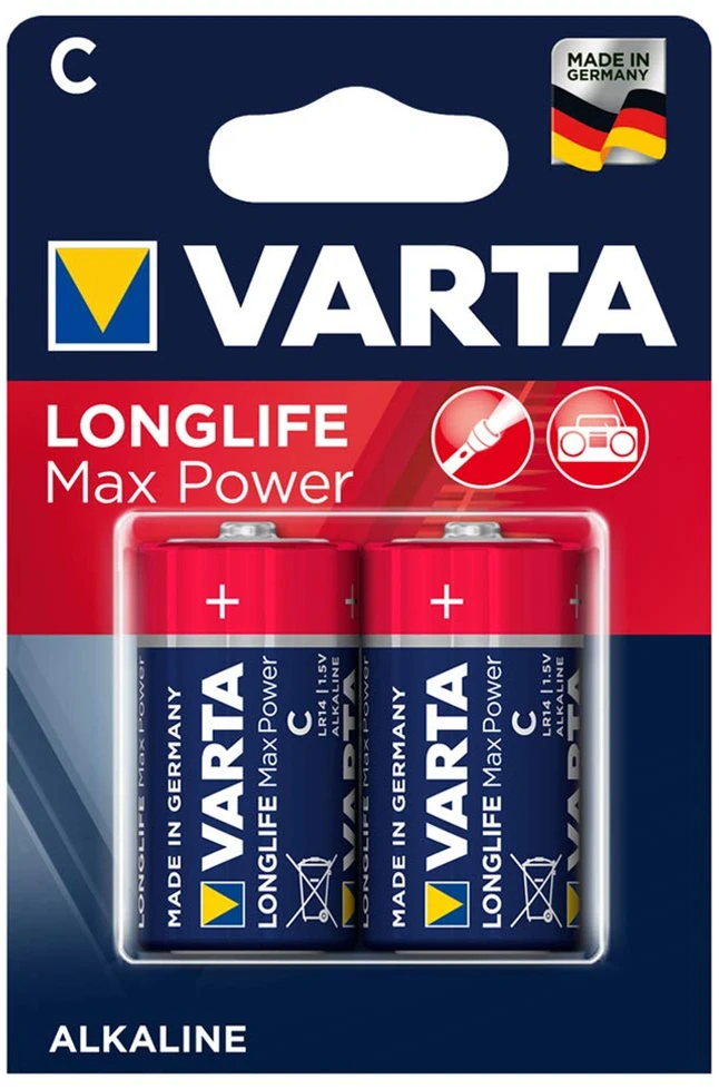 2x R-14 R14 C 1,5 V šarminės „Varta Longlife Max Power“ baterijos