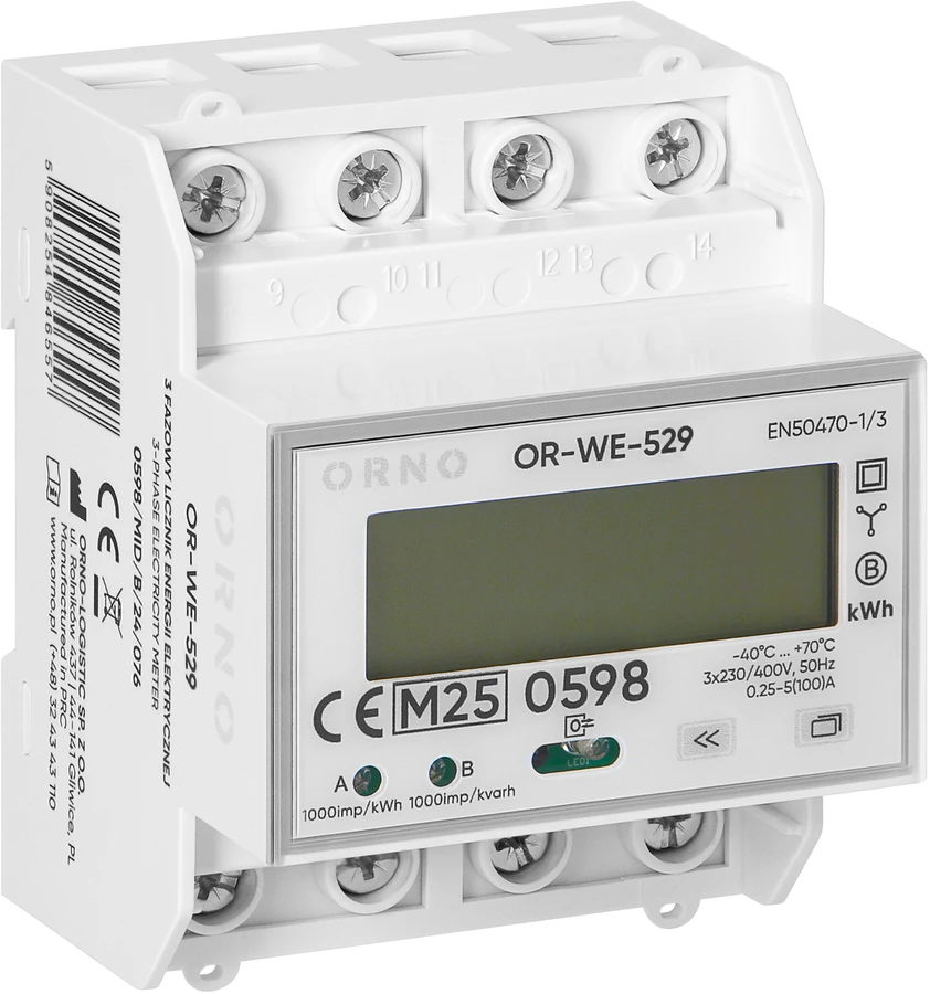 Orno 3 Fazowy Trifazis elektros skaitiklis, 100 A, RS-485 prievadas, MID, 4 moduliai, DIN TH-35 mm, paruoštas PV sistemoms