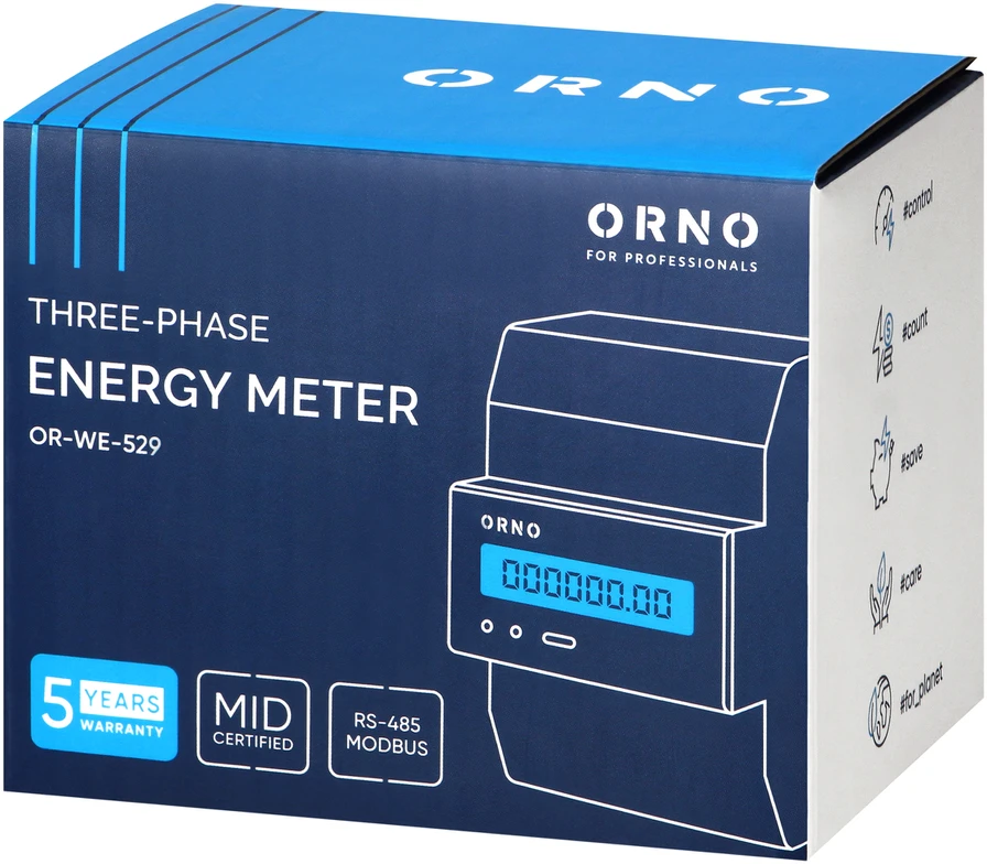 Orno 3 Fazowy Trifazis elektros skaitiklis, 100 A, RS-485 prievadas, MID, 4 moduliai, DIN TH-35 mm, paruoštas PV sistemoms