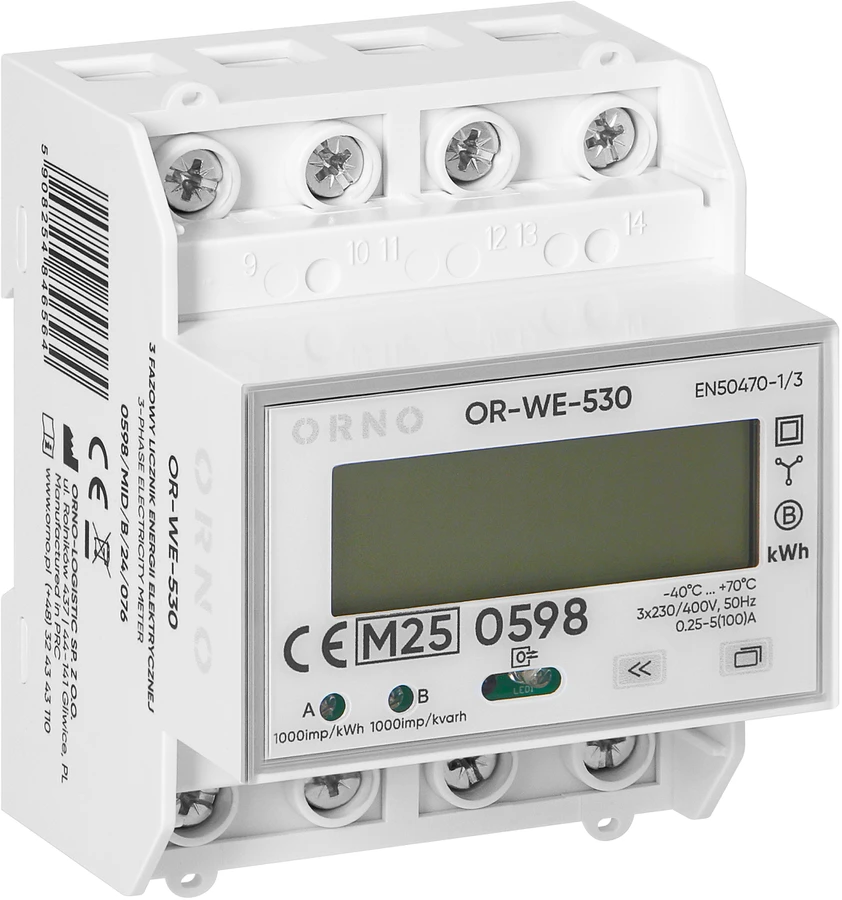 Orno 3 Fazowy Trifazis elektros skaitiklis, 100A, RS-485 prievadas, MID, 4 moduliai, daugiatarifis DIN TH-35mm, paruoštas PV sistemoms