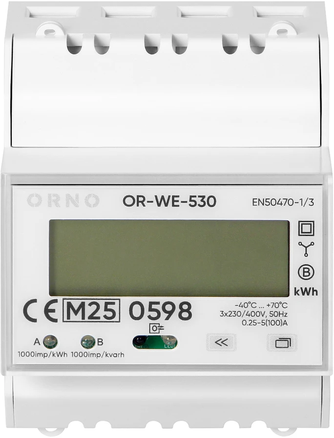 Orno 3 Fazowy Trifazis elektros skaitiklis, 100A, RS-485 prievadas, MID, 4 moduliai, daugiatarifis DIN TH-35mm, paruoštas PV sistemoms