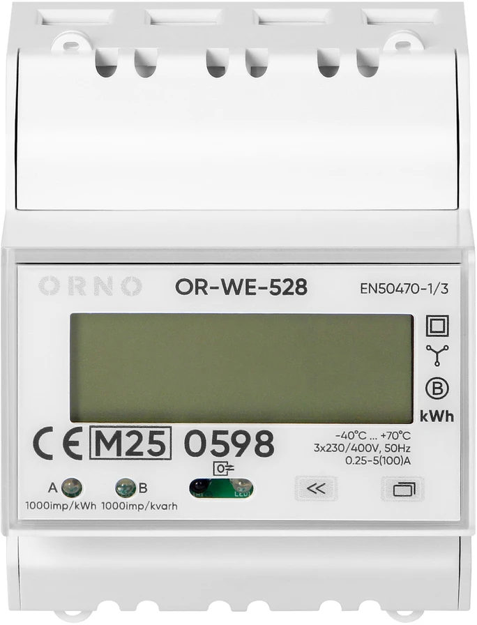 Orno 3 Fazowy Trifazis elektros skaitiklis, 100A, MID, 4 moduliai, DIN TH-35mm