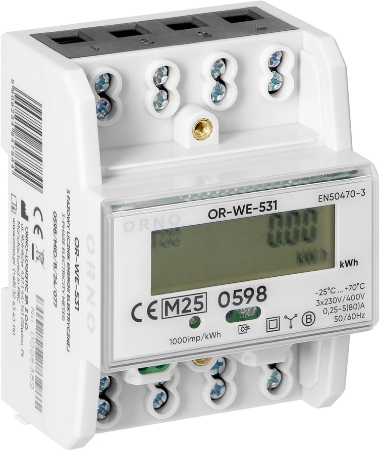 Orno 3 Fazowy Trifazis elektros skaitiklis, 80A, MID, 4,3 moduliai, DIN TH-35mm