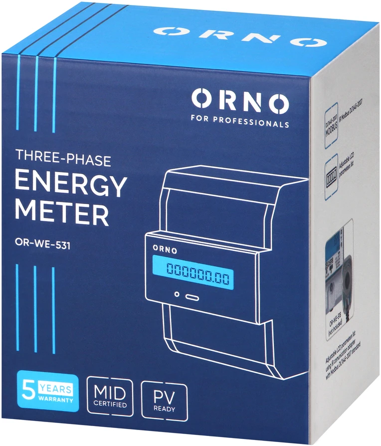 Orno 3 Fazowy Trifazis elektros skaitiklis, 80A, MID, 4,3 moduliai, DIN TH-35mm