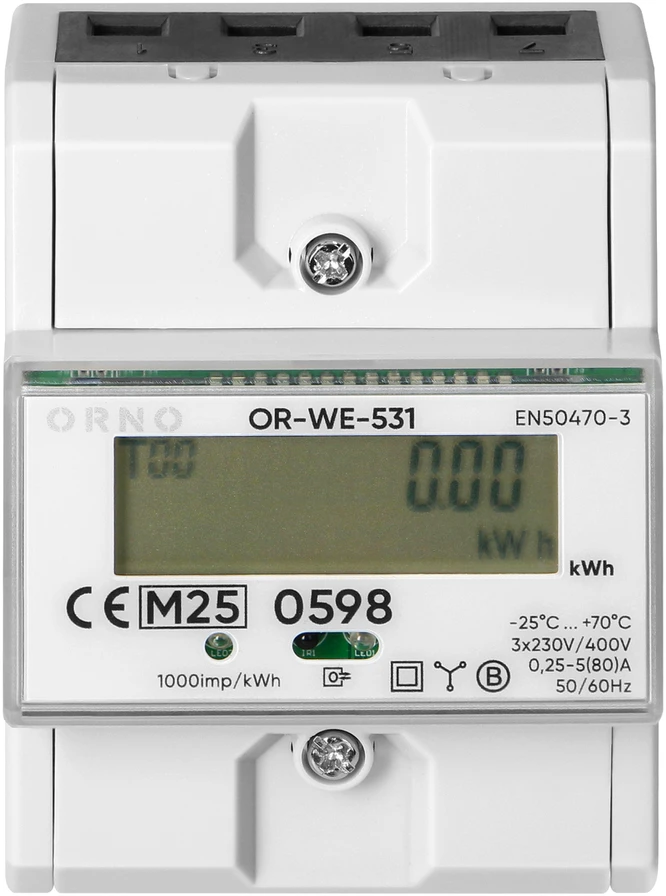 Orno 3 Fazowy Trifazis elektros skaitiklis, 80A, MID, 4,3 moduliai, DIN TH-35mm