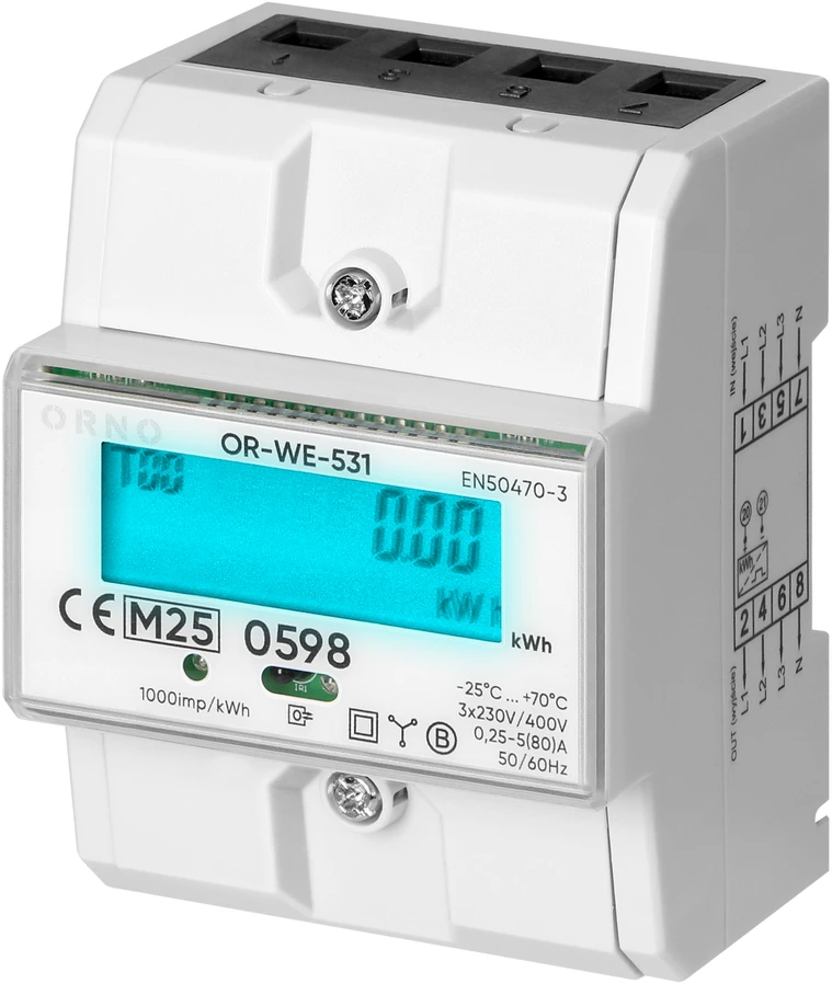 Orno 3 Fazowy Trifazis elektros skaitiklis, 80A, MID, 4,3 moduliai, DIN TH-35mm