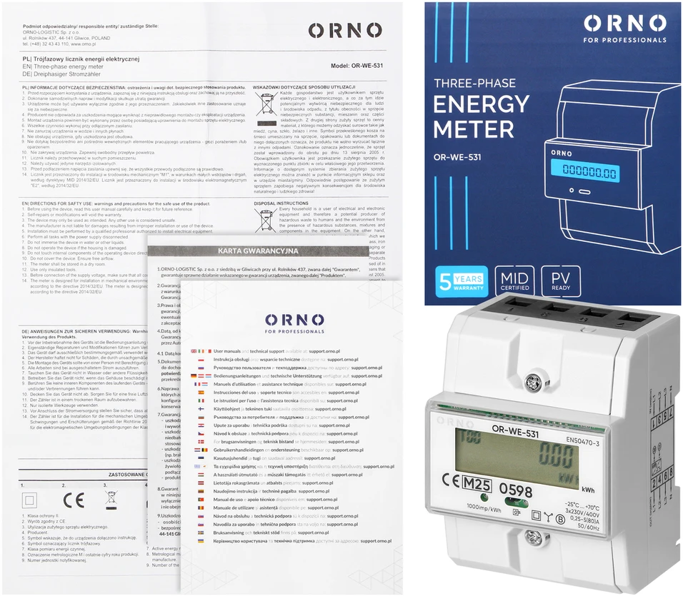 Orno 3 Fazowy Trifazis elektros skaitiklis, 80A, MID, 4,3 moduliai, DIN TH-35mm