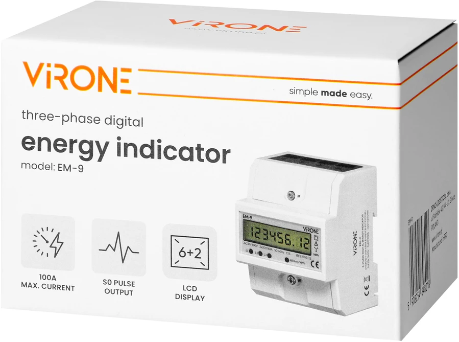 Orno 3 Fazowy Trifazis skaitmeninis elektros energijos suvartojimo indikatorius, 100A, 4 moduliai, DIN TH-35mm