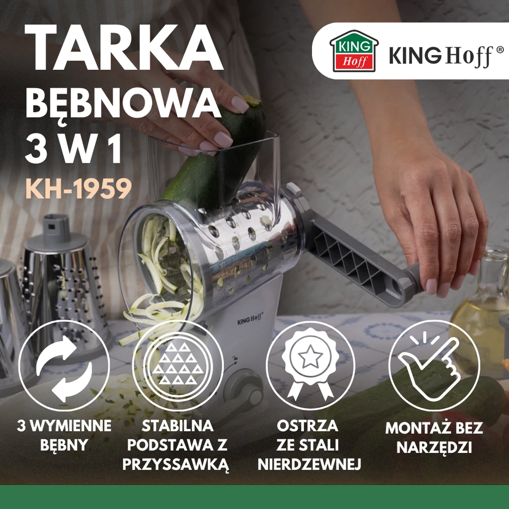 Kaitlentė 3 viename rotacinis būgninis tarka, pilka, su 3 keičiamais nerūdijančio plieno būgnais, Kinghoff, Kh-1959