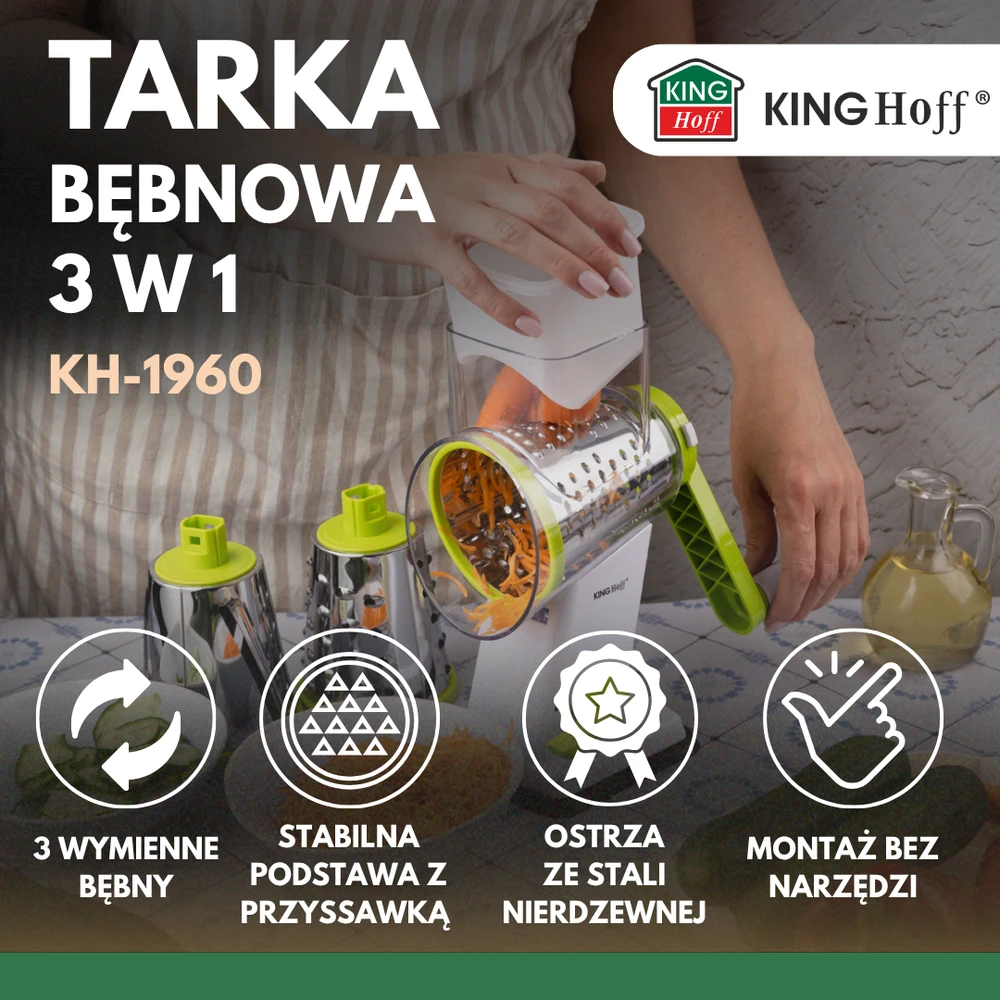 Kaitlentė 3 viename rotacinis būgninis tarka, žalias, su 3 keičiamais nerūdijančio plieno būgnais, Kinghoff, Kh-1960