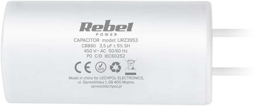 Rebel 3,5uF kondensatorius su techniniais žymėjimais