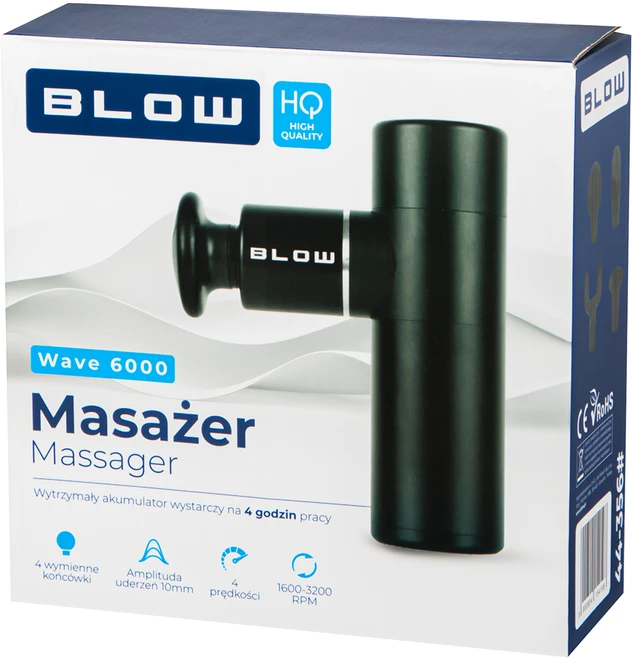 Masažo pistoletas aliumininis masažuoklis BLOW Wave 6000 komplektas