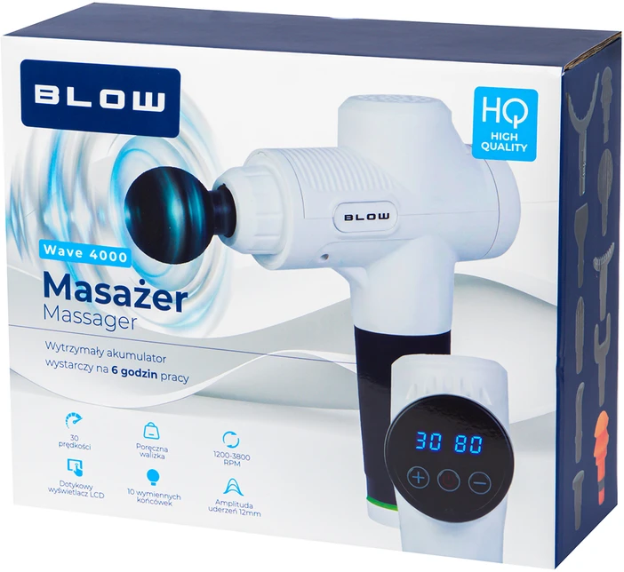 Masažo pistoletas BLOW Wave 4000 Baltas + 10 antgalių + dėklas
