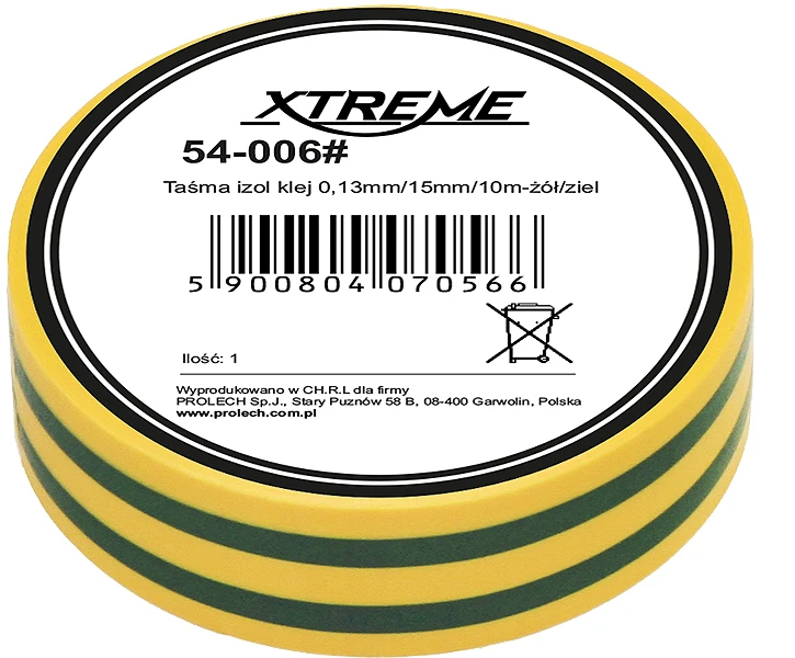 54-006# Xtreme Lipni izoliacinė juosta 0.13mm 15mm 10m - geltona / žalia