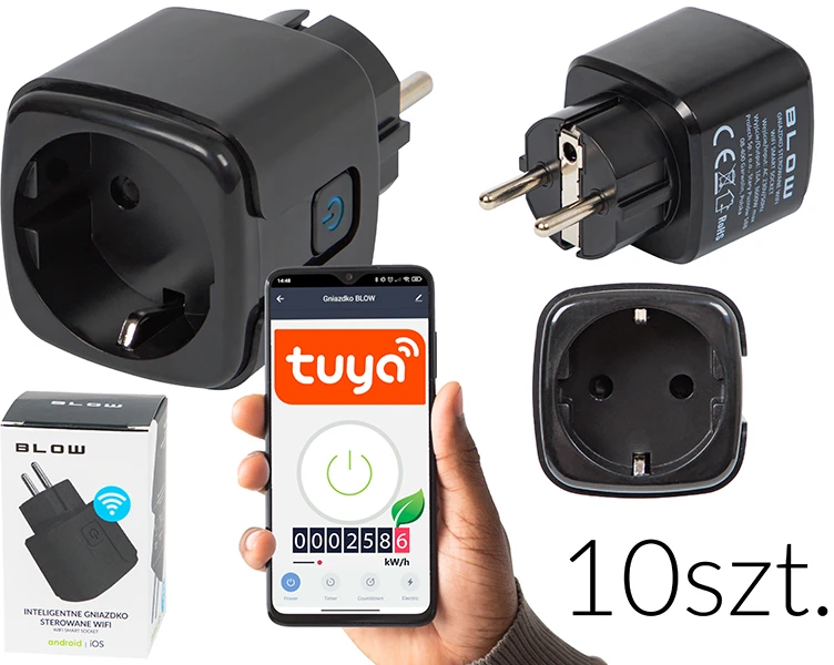72-131# „Tuya V3“ išmanusis „Wi-Fi“ valdomas lizdas, juodas, kelių pakuočių rinkinys