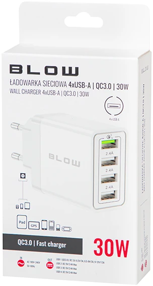 Blow Maitinimo įkroviklis USBx3 lizdas + USB QC 30W