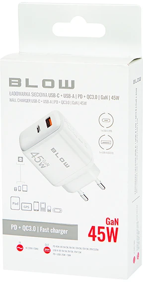 Blow Sieninis įkroviklis USB lizdas + USB-C PD 45W GAN