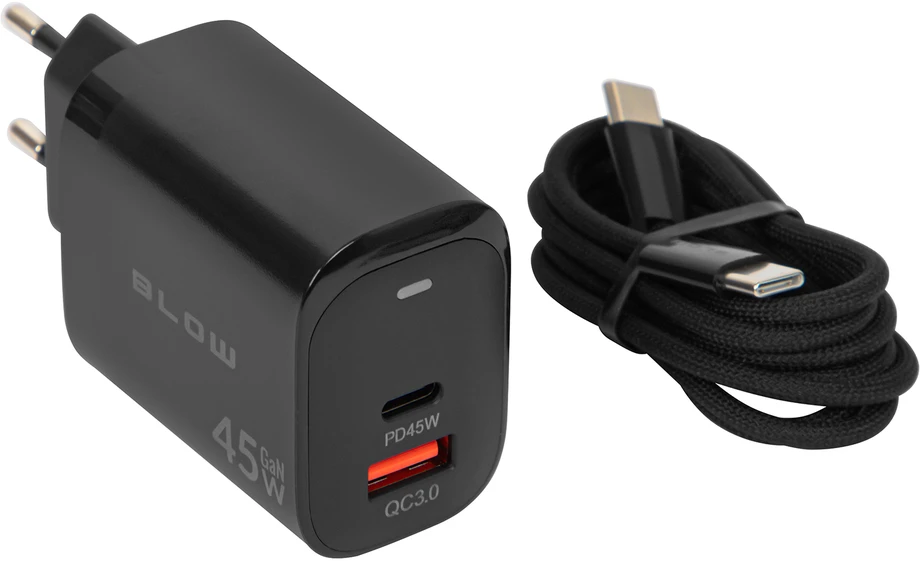 Blow Sieninis įkroviklis USB lizdas + USB-C PD 45W + laidas