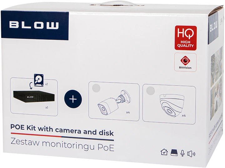 PoE BLOW stebėjimo rinkinys 4x5MP 1TB BL-KI5B4/PoE/1TB 4x 5MP vamzdinės kameros 1TB HDD diskas