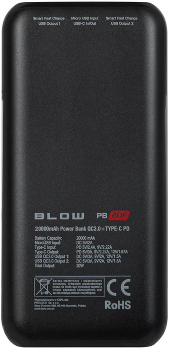 Blow Išorinė baterija 20000mAh PD PB20F JUODA