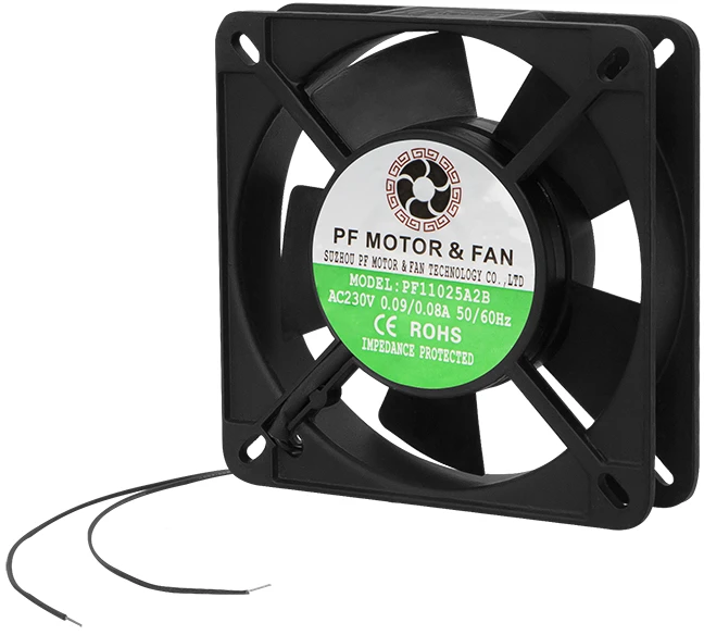 Juodas 110mm ventiliatorius su technine etikete