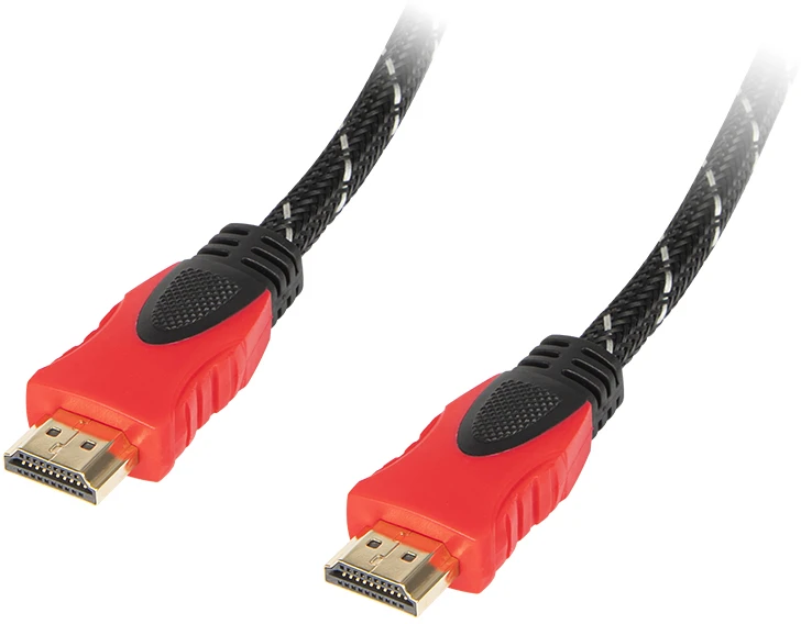 HDMI kabelis su raudonomis jungtimis ir pinu