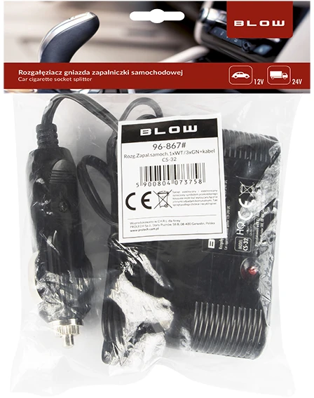 Blow Automobilinis cigarečių žiebtuvėlio skirstytuvas 1xPLUG/3xSOCKET+CS-32 laidas