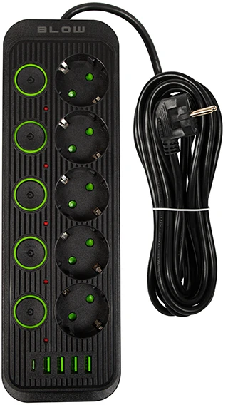 Blow PS-550S 5 lizdų tinklo ilgintuvas 4xUSB 1xUSB-C 5m juodas 2x1mm