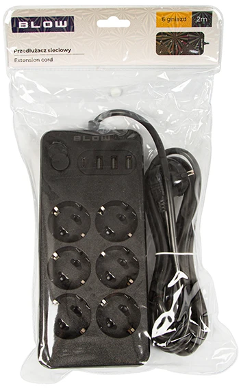 Blow PS-620 6 lizdų tinklo ilgintuvas 3xUSB 1xUSB-C 2m juodas 2x1mm