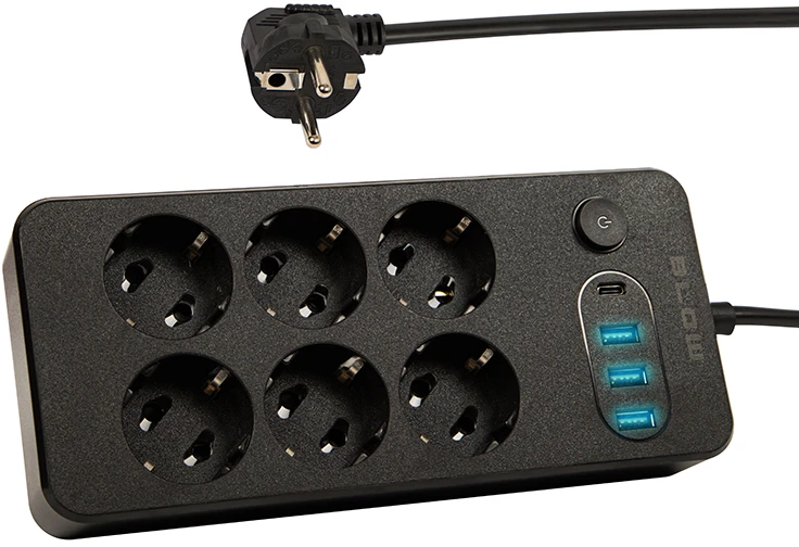 Blow PS-620 6 lizdų tinklo ilgintuvas 3xUSB 1xUSB-C 2m juodas 2x1mm