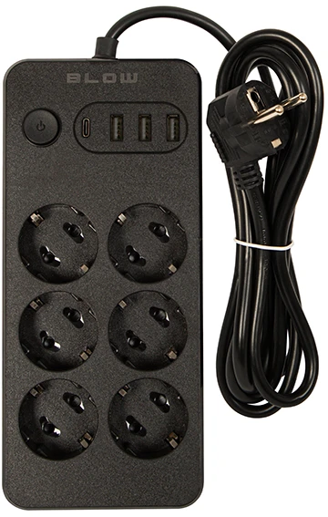 Blow PS-620 6 lizdų tinklo ilgintuvas 3xUSB 1xUSB-C 2m juodas 2x1mm