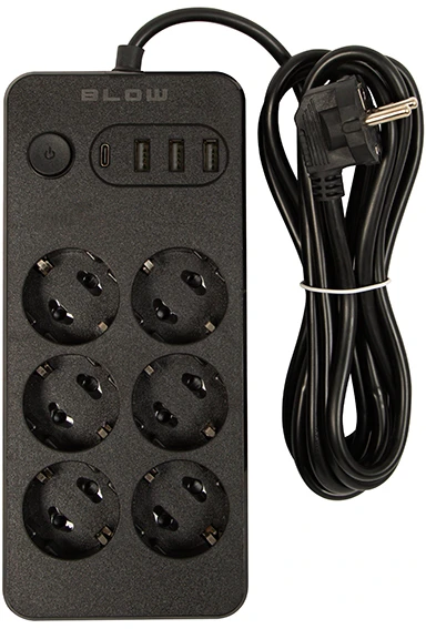Blow PS-630 6 lizdų tinklo ilgintuvas 3xUSB 1xUSB-C 3m juodas 2x1mm