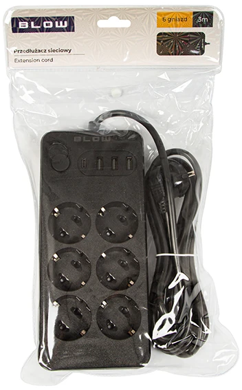 Blow PS-630 6 lizdų tinklo ilgintuvas 3xUSB 1xUSB-C 3m juodas 2x1mm