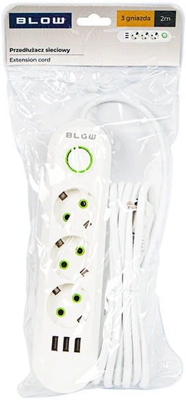Blow PS-320 3 lizdų 3xUSB tinklo ilgintuvas 2m baltas 2x1mm