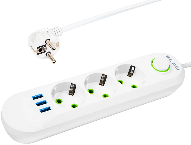 Blow PS-320 3 lizdų 3xUSB tinklo ilgintuvas 2m baltas 2x1mm
