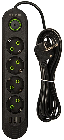 Blow PS-420 4 lizdų 3xUSB tinklo ilgintuvas 2m juodas 2x1mm