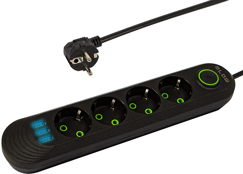 Blow PS-420 4 lizdų 3xUSB tinklo ilgintuvas 2m juodas 2x1mm