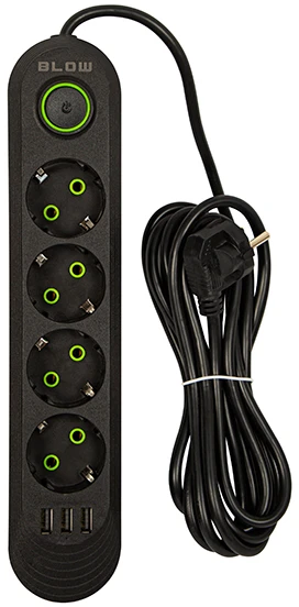 Blow PS-430 4 lizdų 3xUSB tinklo ilgintuvas 3m juodas 2x1mm